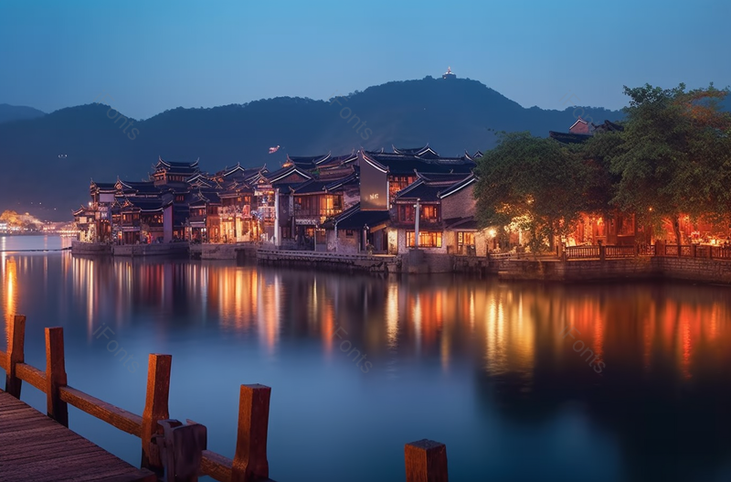 湖边的古镇建筑风光夜景,高清,摄影图,摄影图片,图片大全,摄影图免费下载